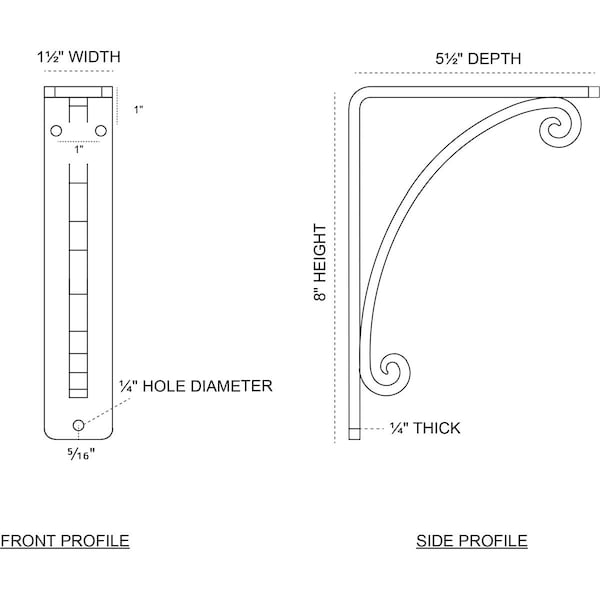 Legacy Wrought Iron Bracket, (Single Center Brace), Antiqued Pewter 1 1/2W X 5 1/2D X 8H